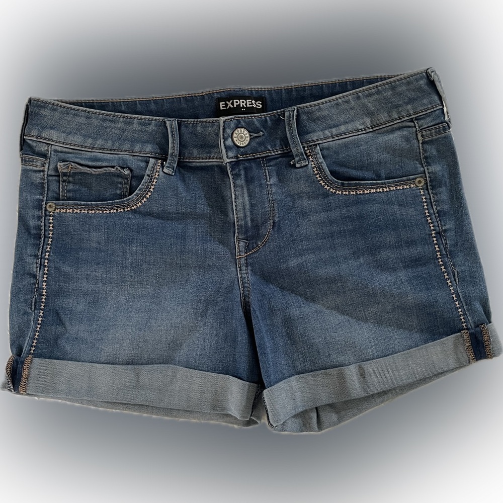 Express Women's Rolled Hem Blue Denim Shorts